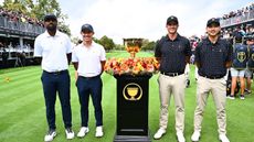 Sahith Theegala, Collin Morikawa, Adam Scott and Min Woo Lee pose on the 1st tee before their match at the 2024 Presidents Cup