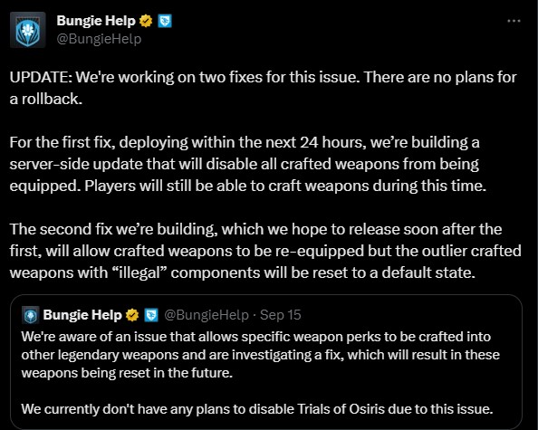 Bungie social media message outlining the current situation with the Frankengun glitch