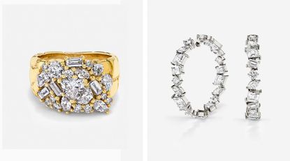 Vrai diamond cluster ring on the left and a pair of white gold and diamond hoops on the right