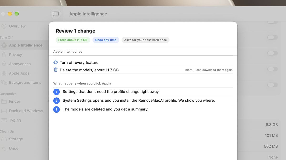 The RemoveMacAI app before deleting Apple Intelligence models from a user's Mac.