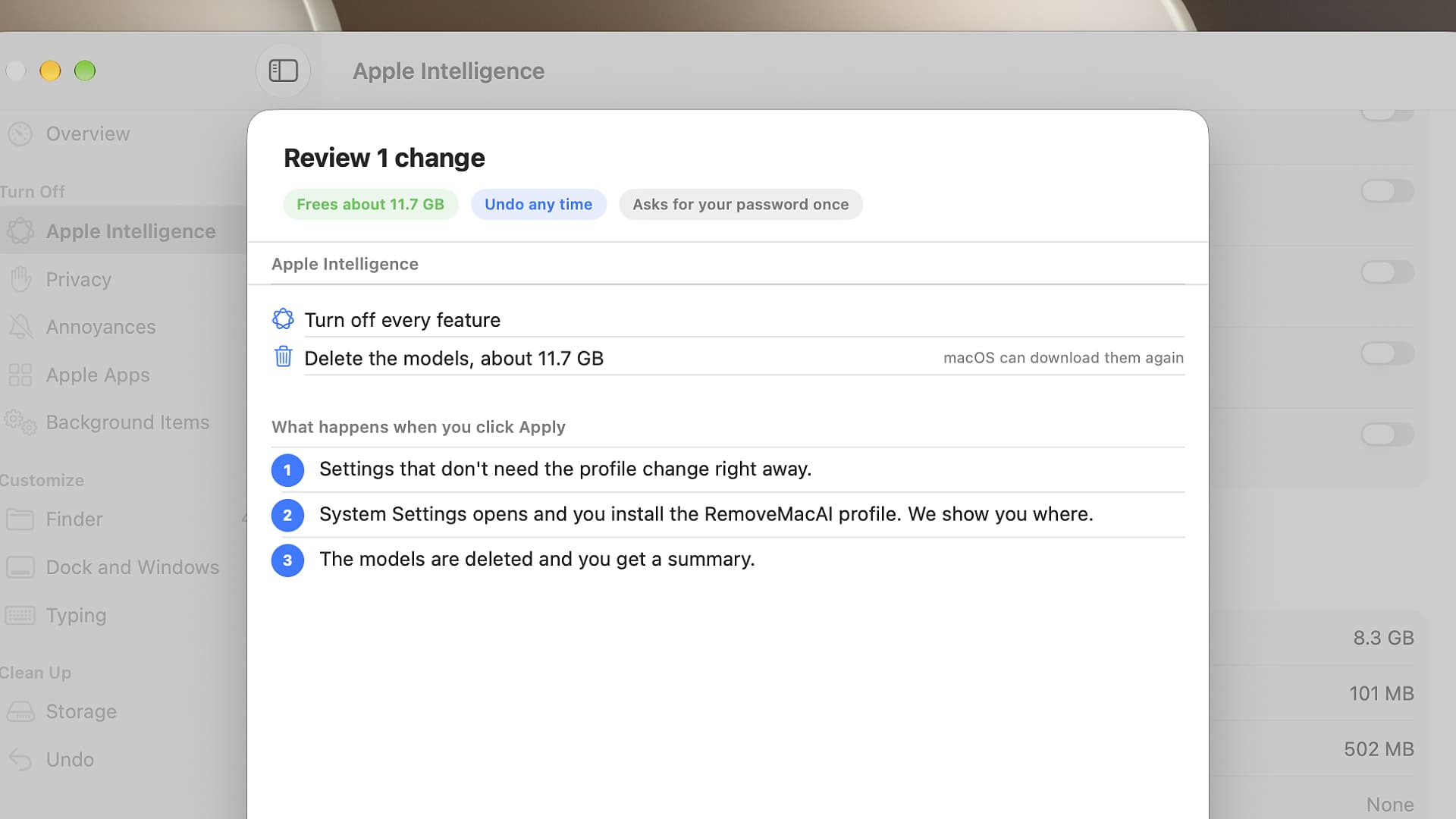The RemoveMacAI app before deleting Apple Intelligence models from a user's Mac.