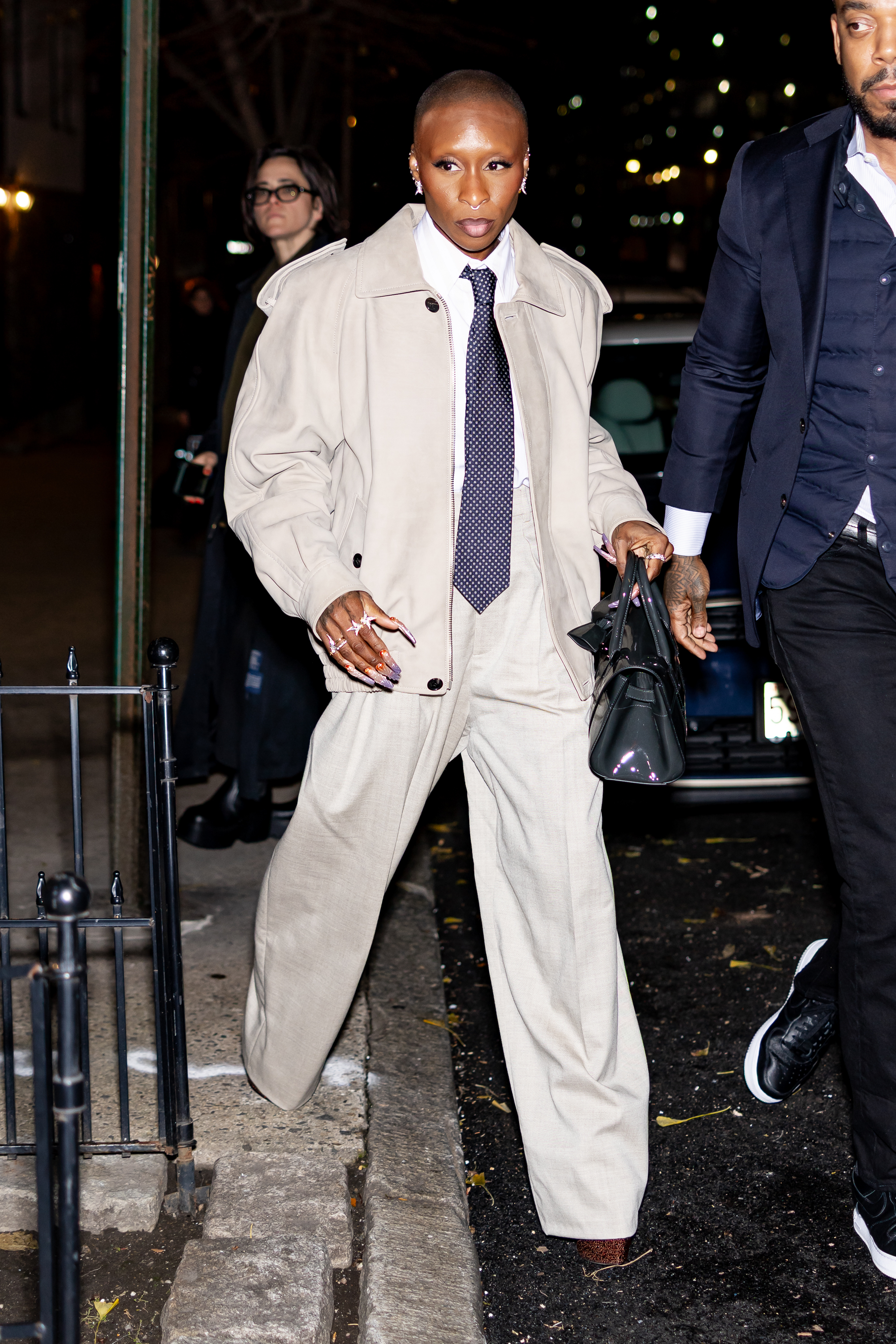 Cynthia Erivo was spotted in an ivory menswear suit with a tie in NYC