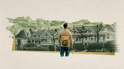 Photo collage of a man standing in front of a row of San Fransisco houses, with a sea of money in the background