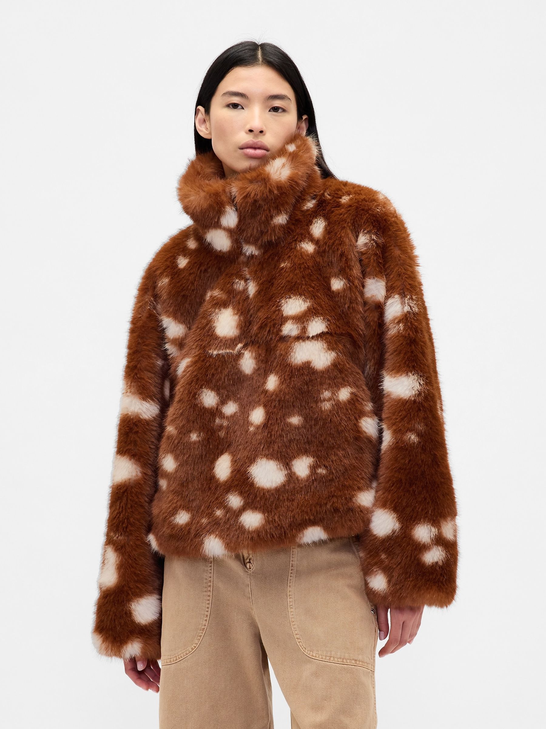Brown Sandy Liang Spotted Vegan Fur Half-Zip Pullover Jacket