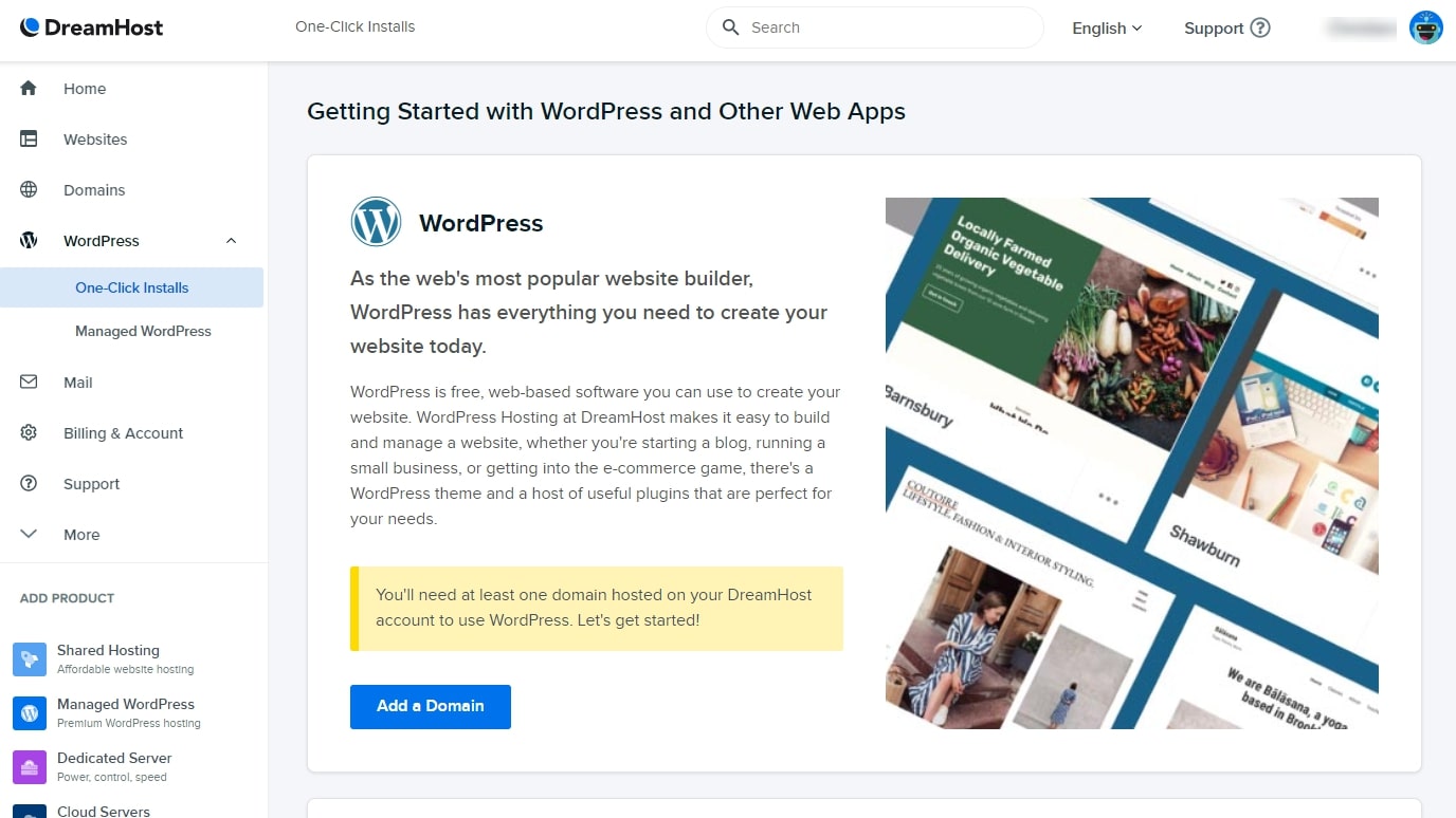 DreamHost's user interface with WordPress one-click installer window