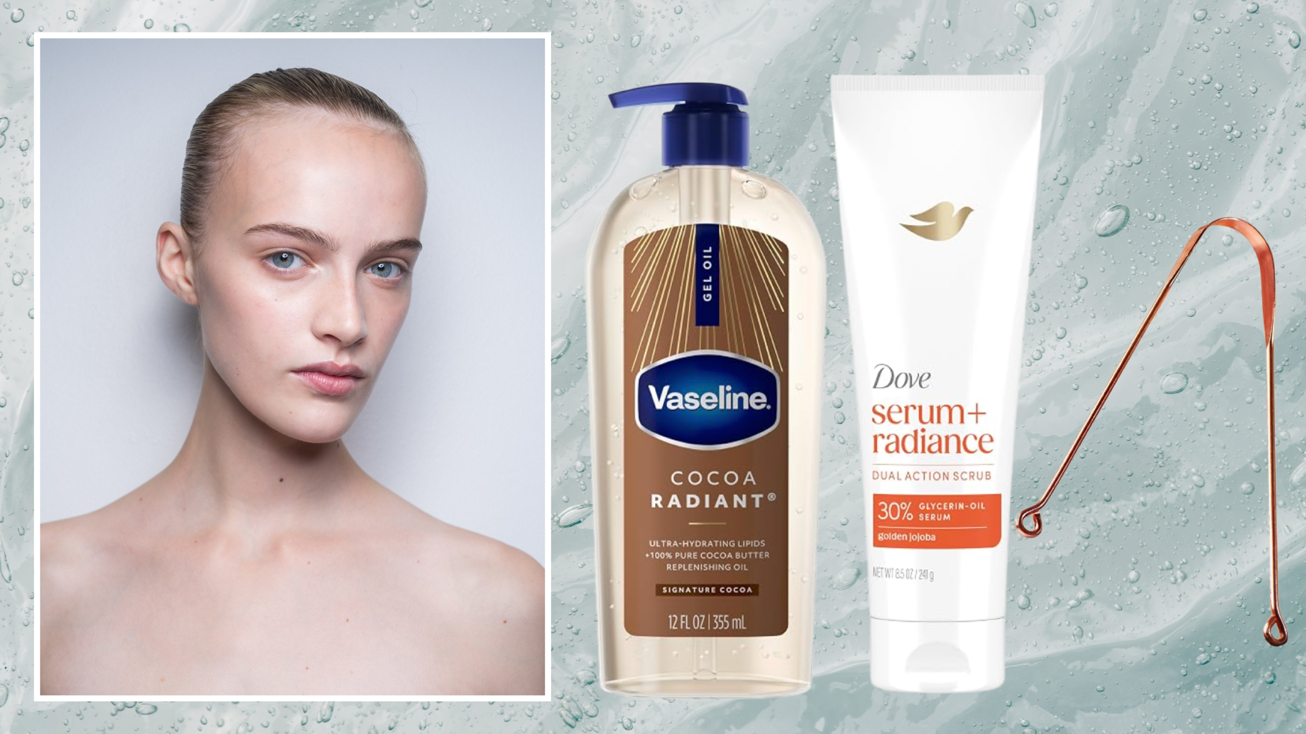 A woman wearing a slicked back bun next to 3 beauty products in front of a macro shot of soap as a background. 