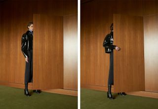 black patent jacket with long black skirt and high black leather boots