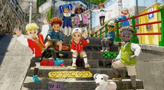 Children characters in upcoming game DokeV sit outside on a stone stairway.