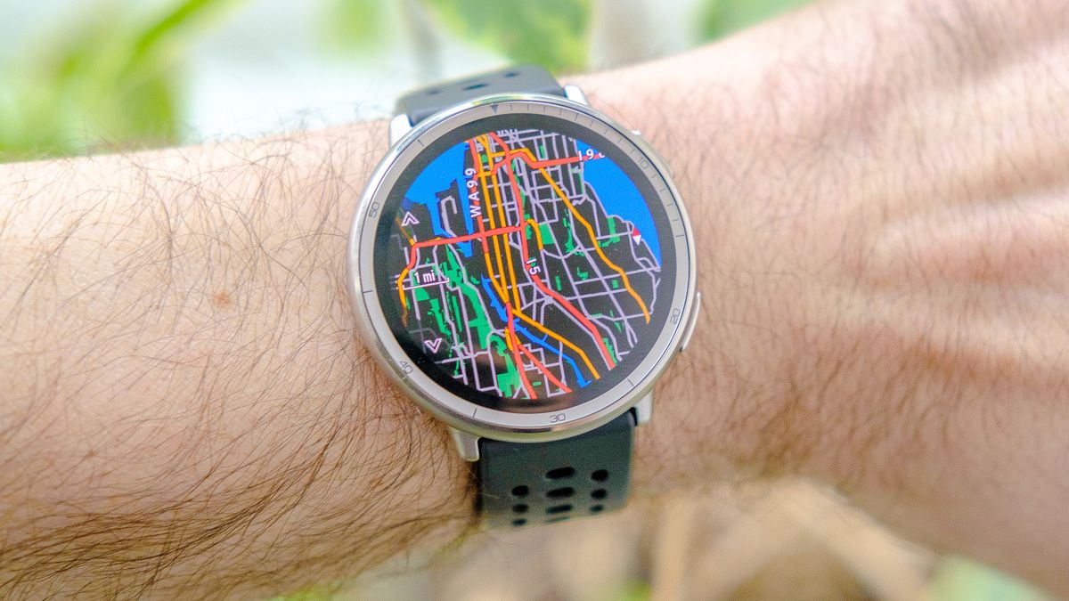 Close up of the Amazfit Active 2 smartwatch showing the maps feature