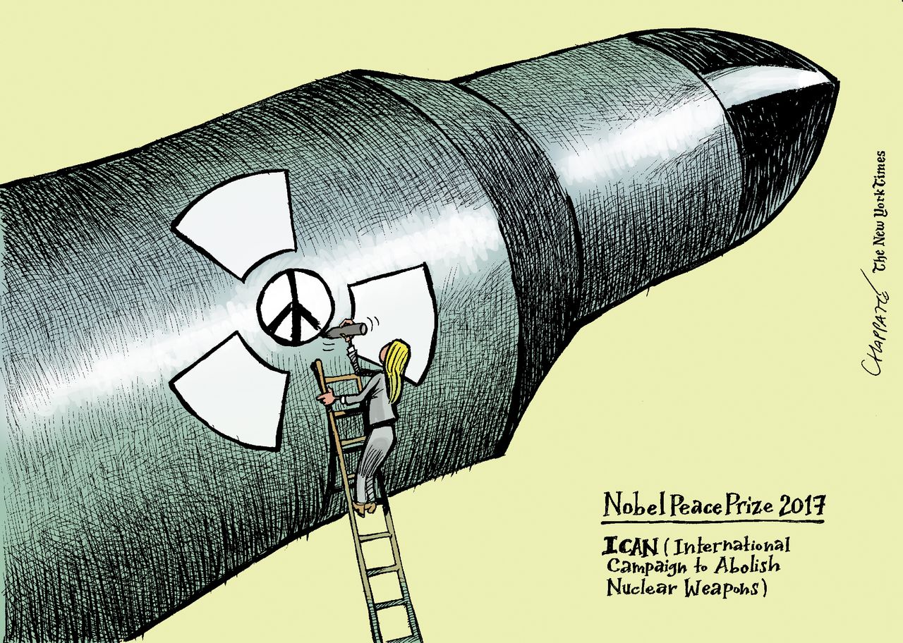 Political cartoon World Nobel peace prize ICAN nuclear weapons