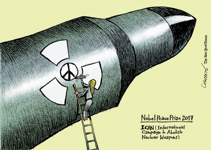 Political cartoon World Nobel peace prize ICAN nuclear weapons