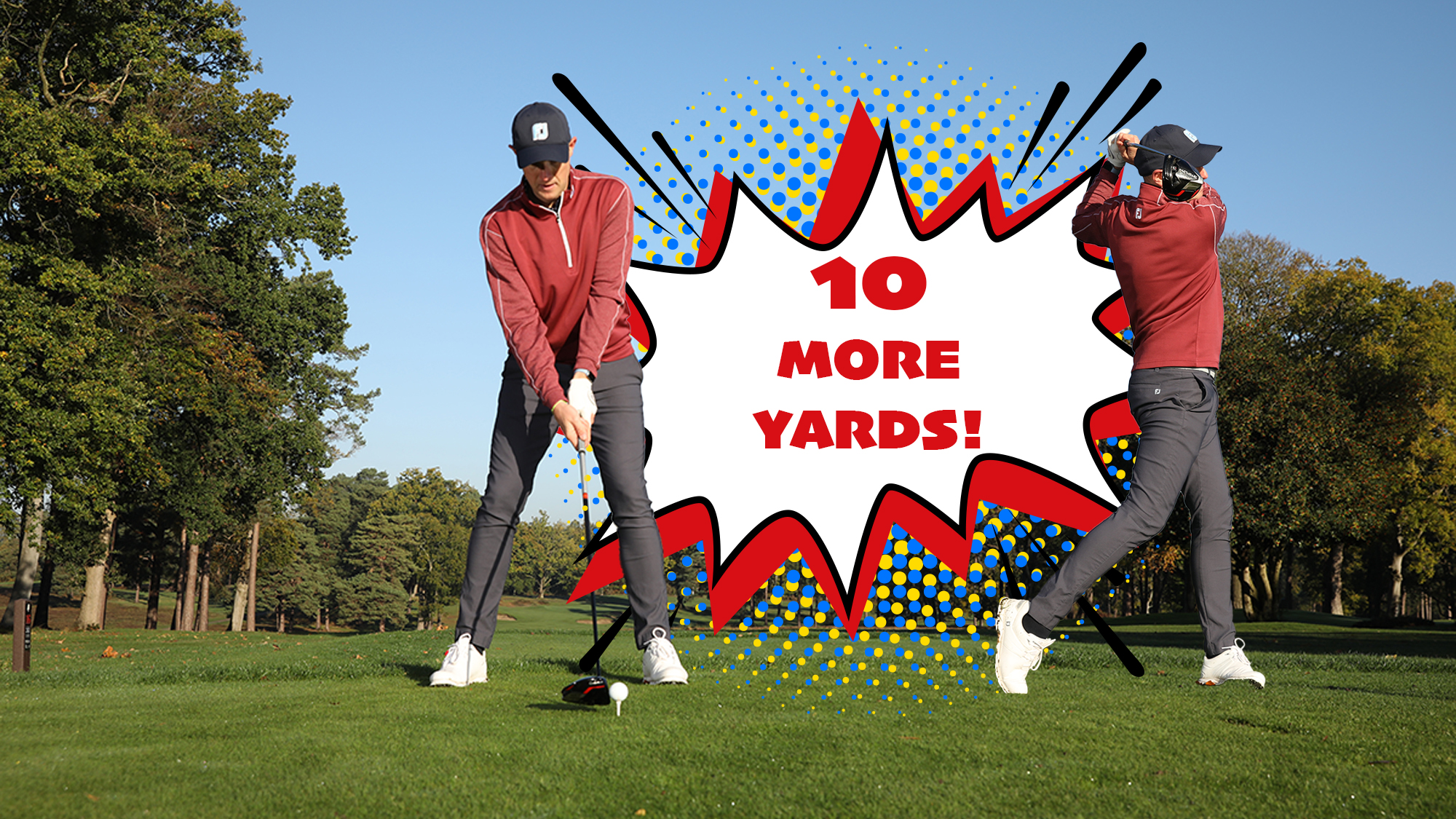 Neil Tappin at address and in the finish position with driver on the tee box, with an art-style explosion text box between the two images reading '10 more yards'