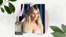 Sienna Miller attends The Fashion Awards 2025 presented by Pandora at the Royal Albert Hall on December 1, 2025 in London, England, wearing a white dress and with her hair in loose, tousled waves. There is also a product shot of Le Labo's The Noir perfume and two stock images of leave/ all featured in a grey and white template. 