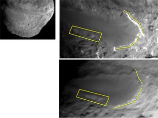 This image layout depicts changes in the surface of comet Tempel 1, observed first by NASA's Deep Impact Mission in 2005 (top right) and again by NASA's Stardust-NExT mission on Feb. 14, 2011 (bottom right).