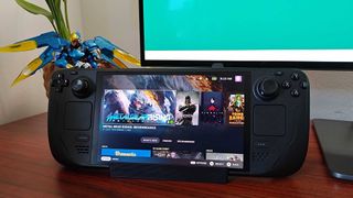 BenQ Steam Deck dock with handheld attached and screen on