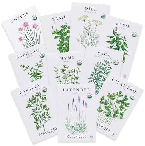 Sereniseed Certified Organic Herb Seeds (10-Pack) &amp;ndash; Non Gmo, Heirloom &amp;ndash; Seed Starting Video - Basil, Cilantro, Oregano, Thyme, Parsley, Lavender, Chives, Sage, Dill Seeds for Indoor &amp;amp; Outdoor Planting