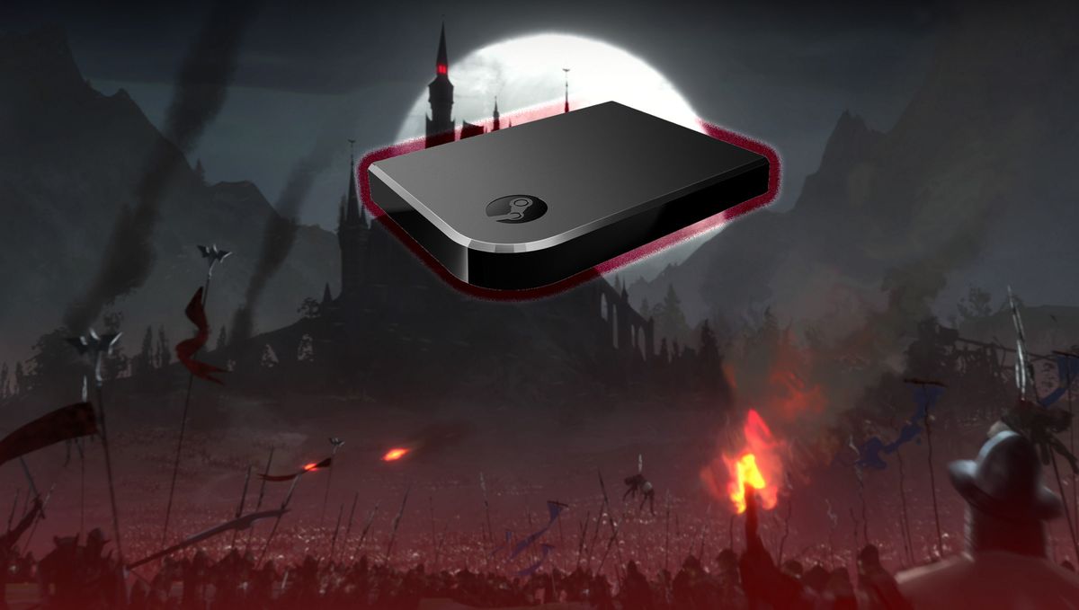 A Steam Link glows in front of a gothic castle 