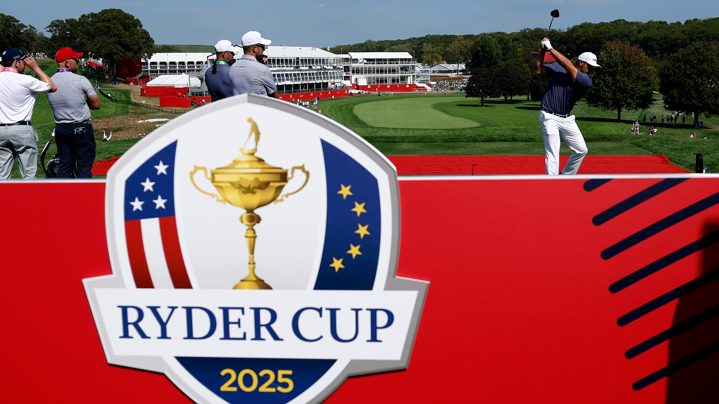 Bryson DeChambeau hits a drive during a practice round ahead of the 2025 Ryder Cup