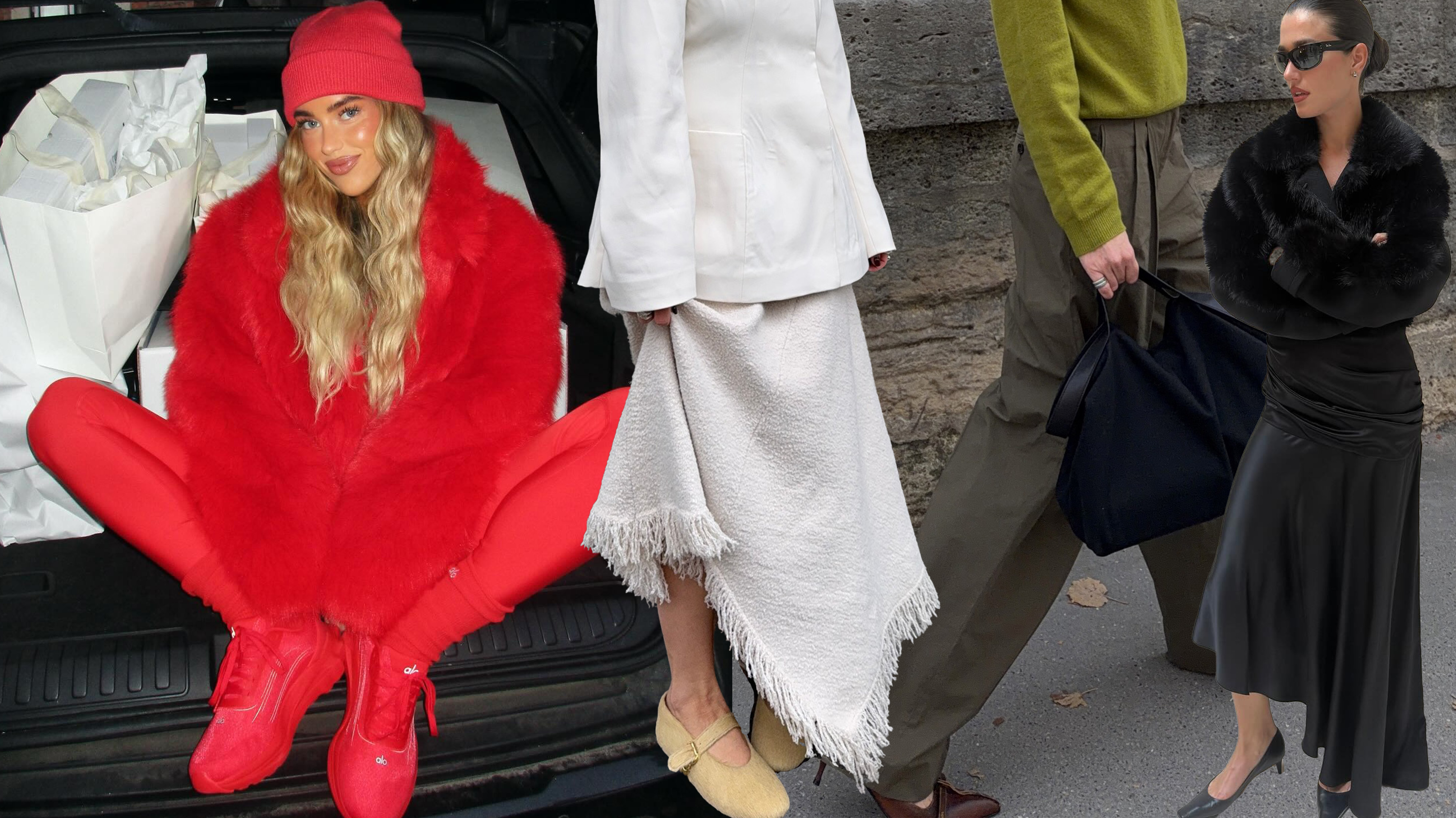 A collage of four women wearing different shoe color trends of winter 2025.