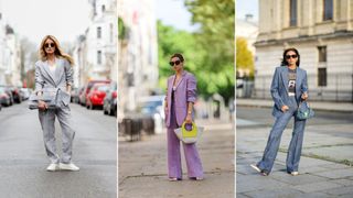A composite of street style influencers showing how to style linen pants for work with a blazer