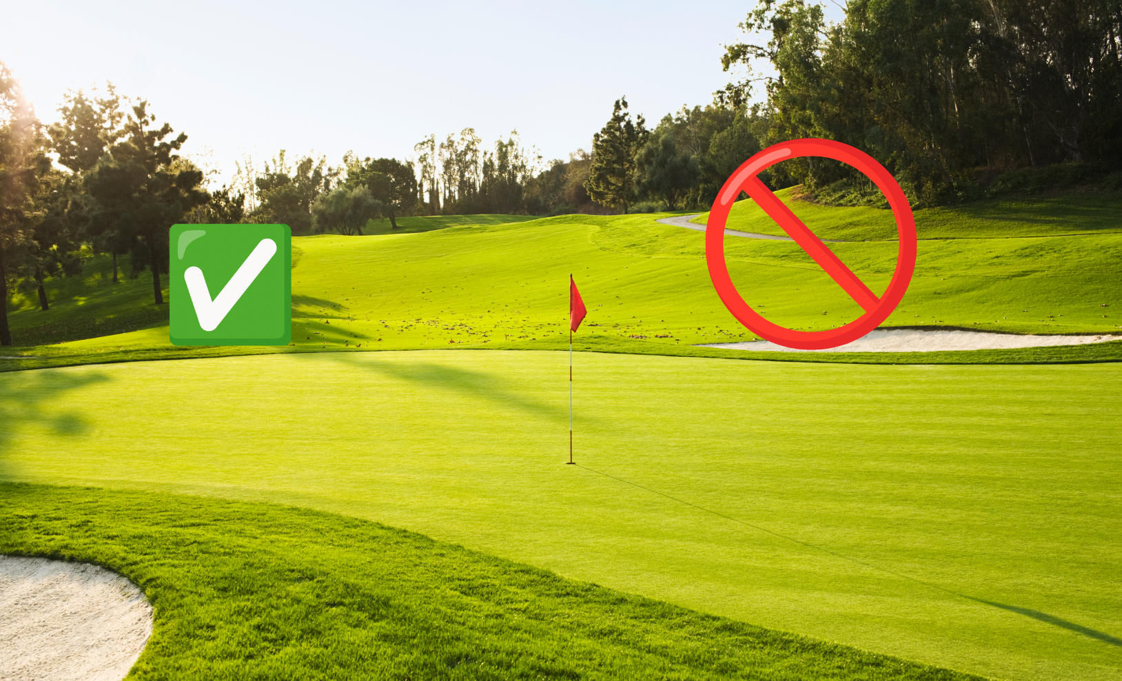 Looking back down a golf hole with a red sign on the right and a green tick on the left