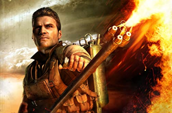 Far Cry 2&#039;s antagonist, the Jackal, flamethrower in hand.