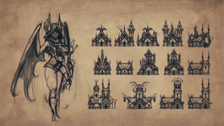 Concept art showing one of Against the Storm's anthropomorphic bat citizens on the left, and various bat-themed building designs on the right.
