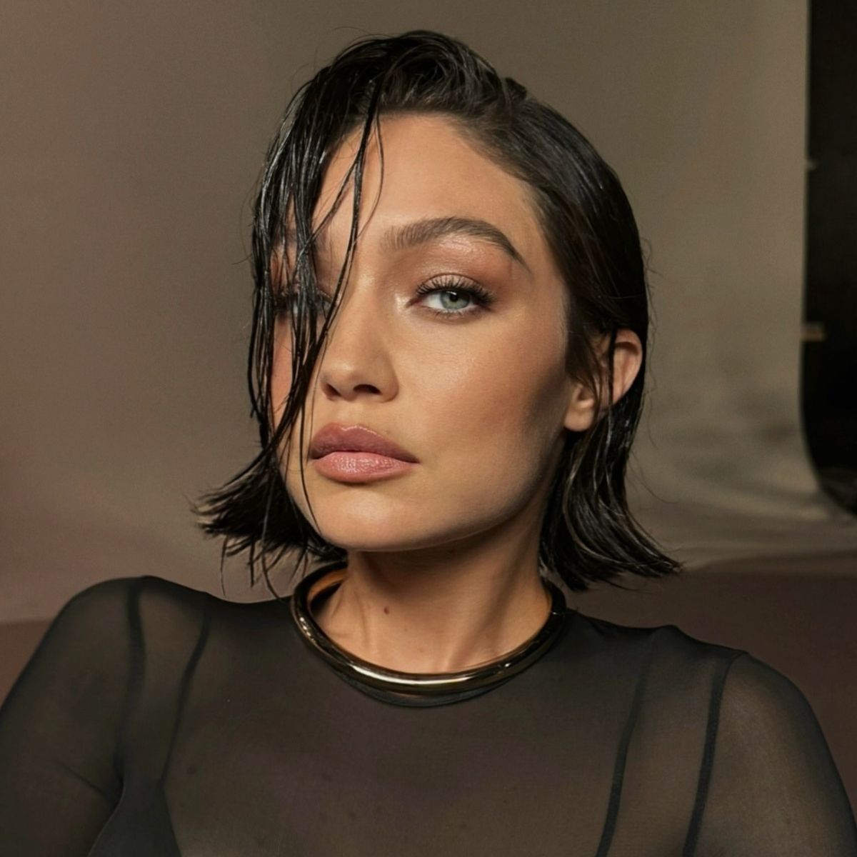 Gigi Hadid with a wet-look brunette bob