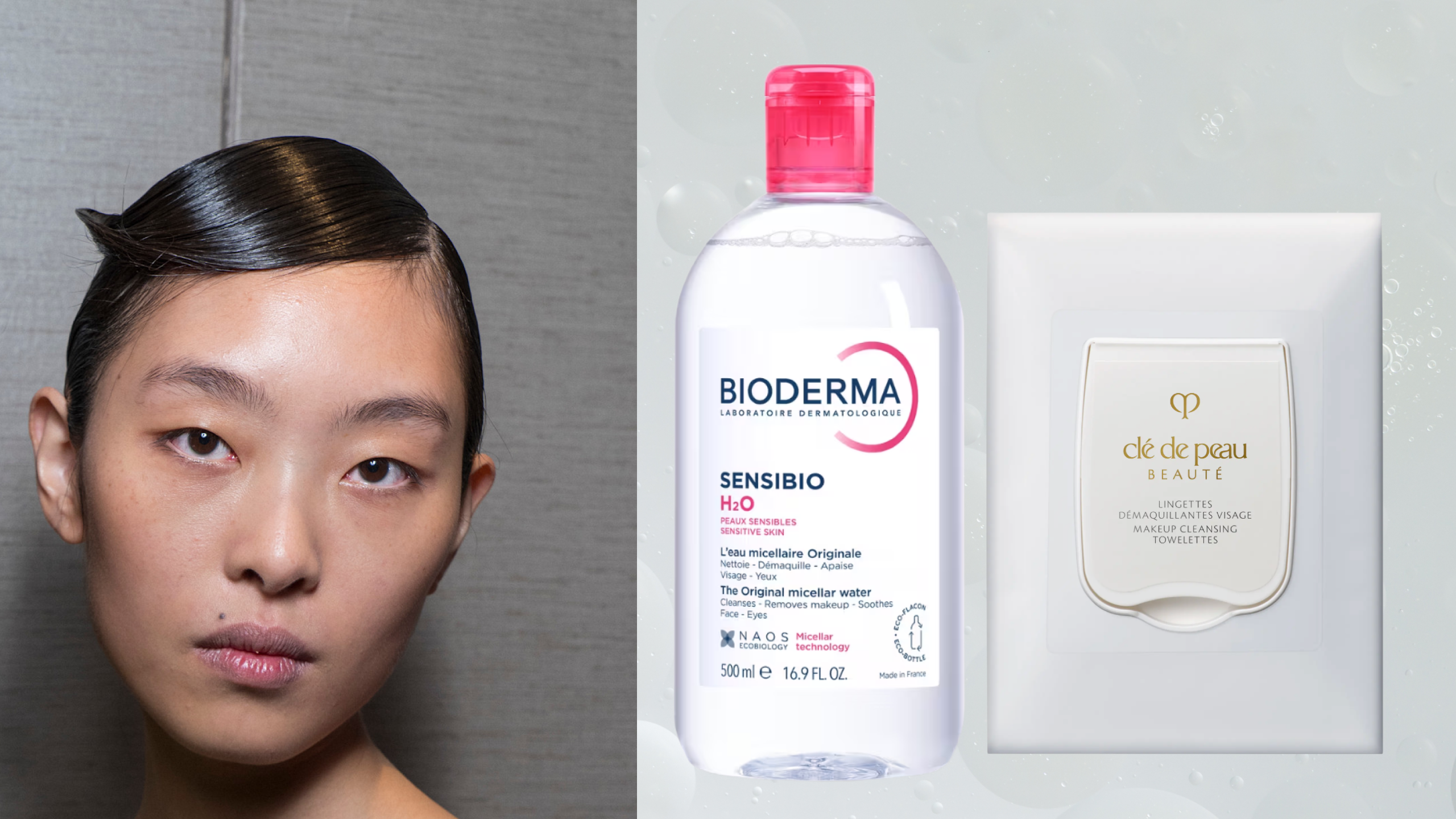 A woman with clear, glowing skin next to two makeup removers