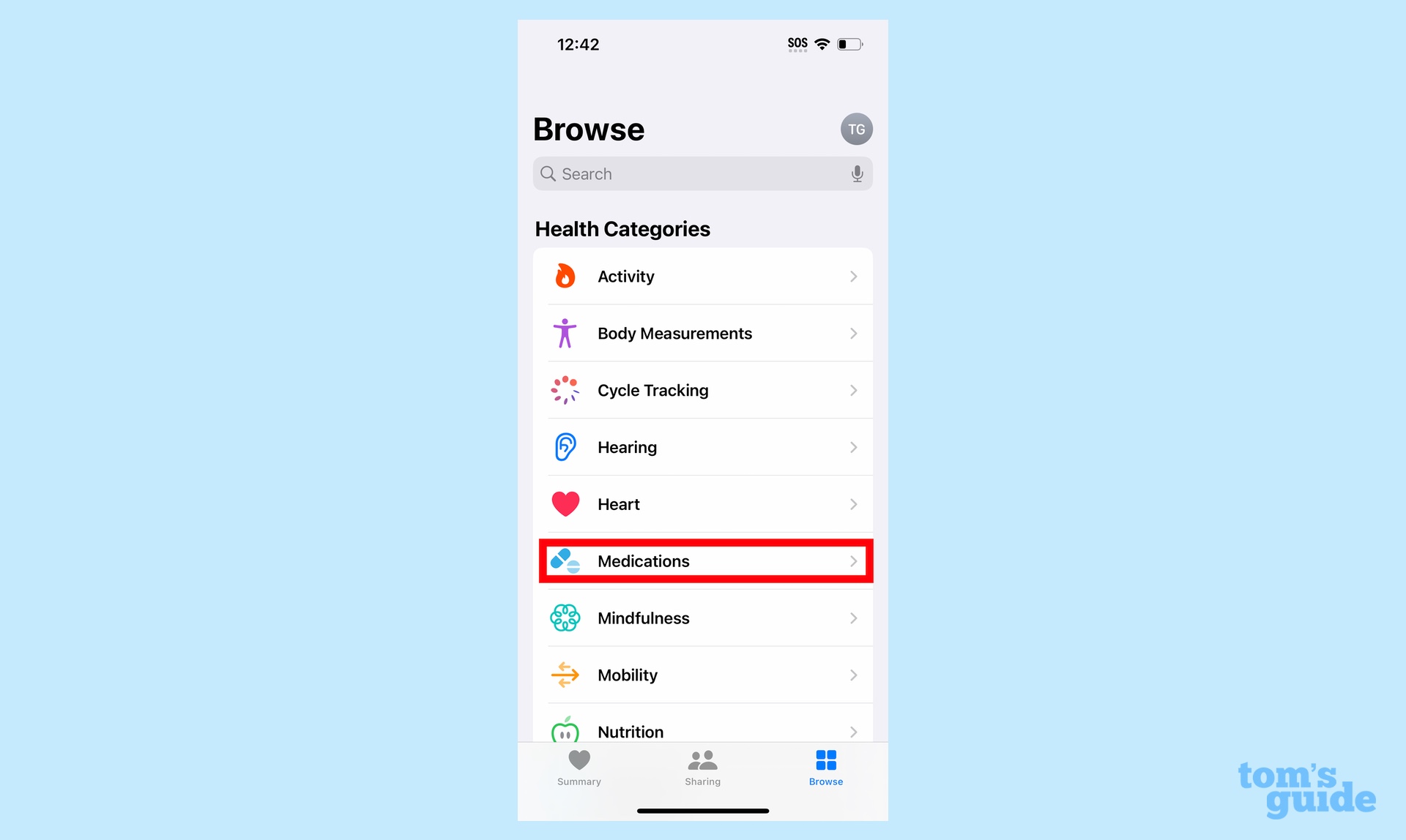 Выберите приложение «Лекарства в здоровье» в iOS 16.