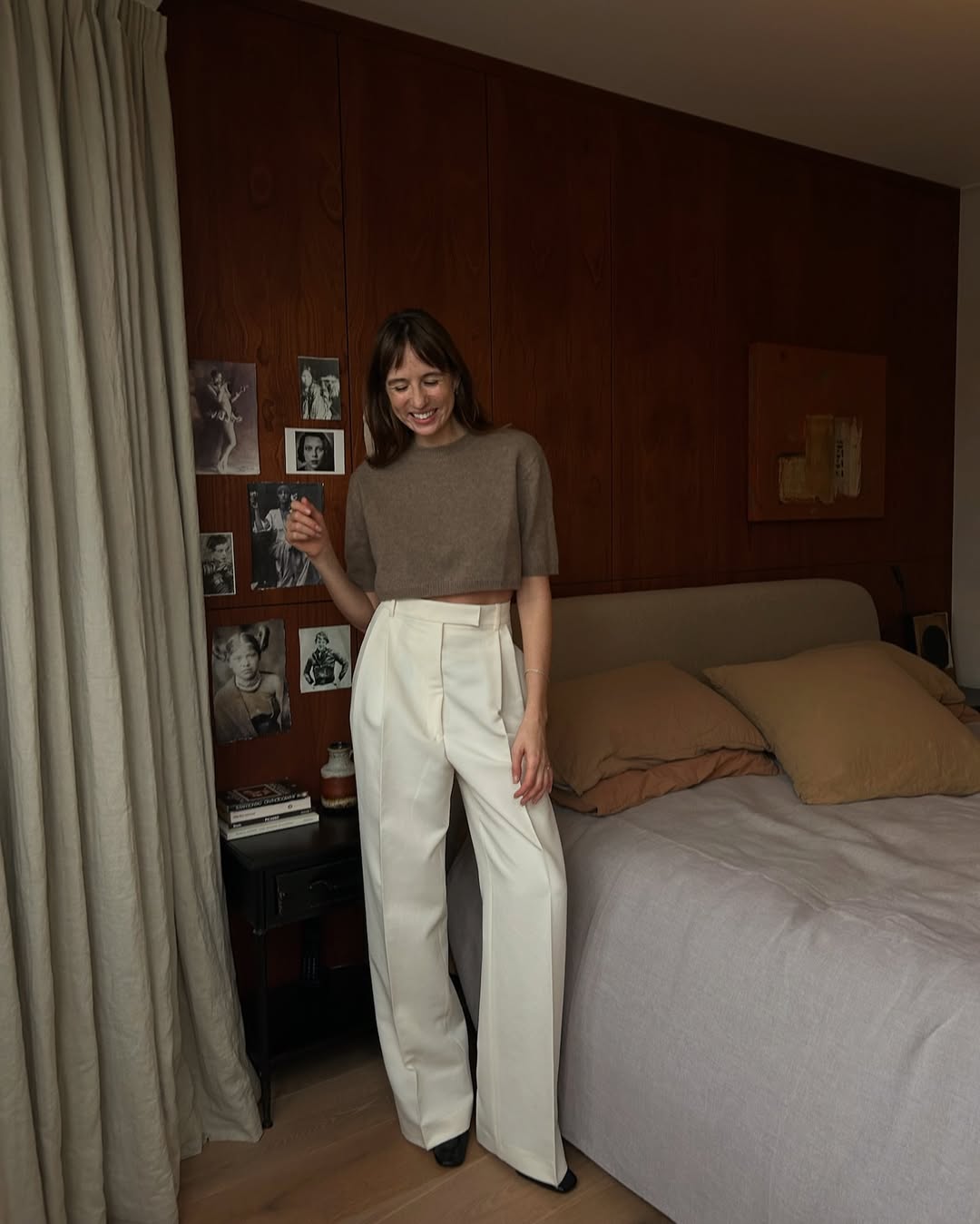 Lizzy in brown knit and white trousers