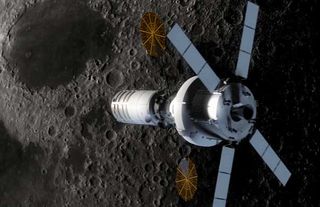 A Cygnus spacecraft acts as Orion's habitat module near the moon.