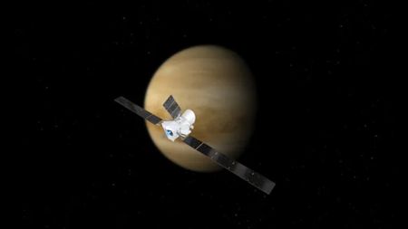 An artist's depiction of the BepiColombo mission flying past Venus.