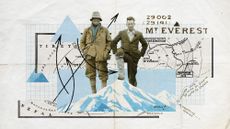 Photo collage of Andrew Irvine and George Mallory, standing atop an illustrated mountain. Fragments of the summit map and arrows are scattered in the background. 