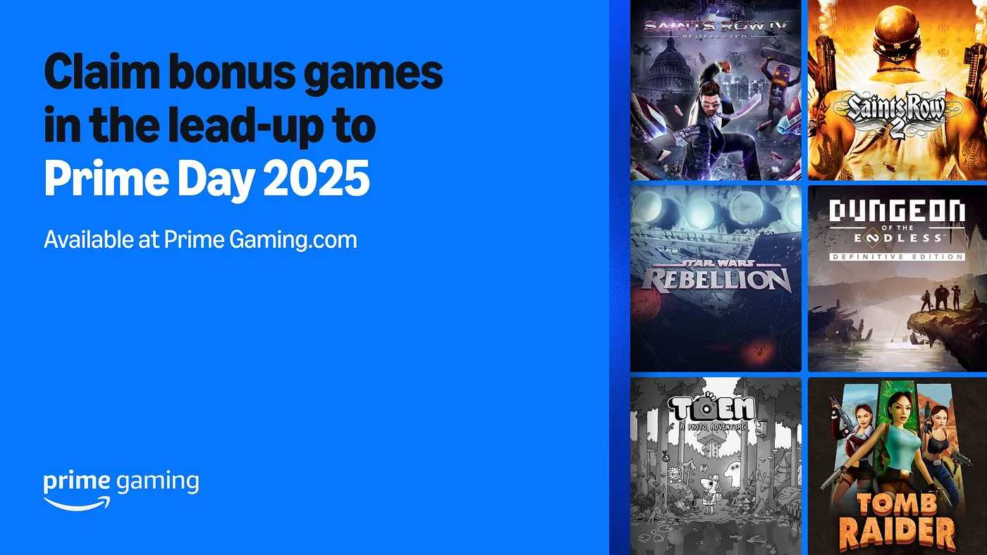 Announcement image for the 6 free games available on Prime Gaming for free ahead of Prime Day 2025.