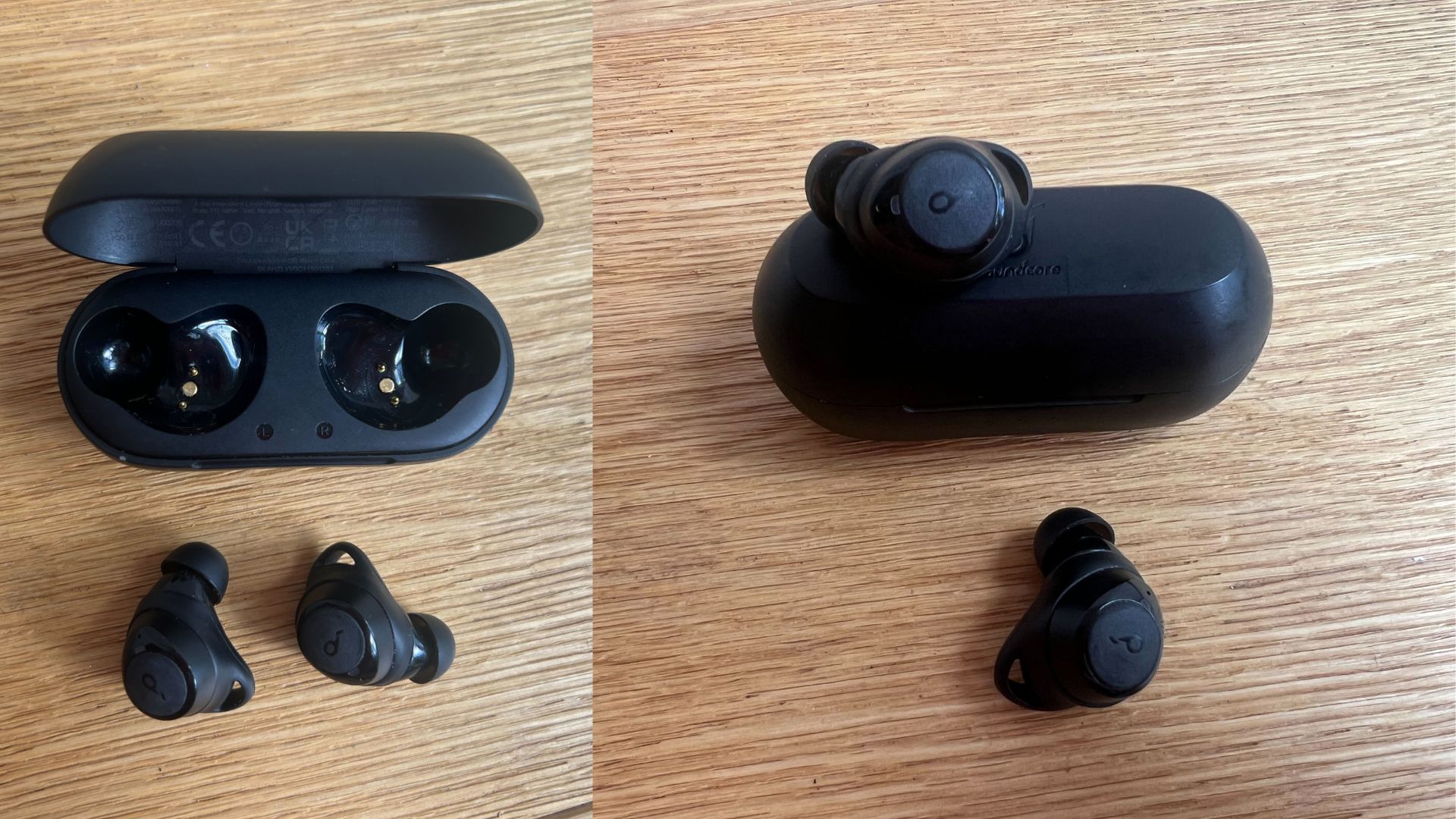 Grace Walsh testing soundcore earbuds, headphones sitting on wooden floor