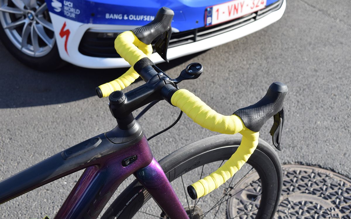 Alaphilippe's bike was given yellow handlebar tape to celebrate his overall lead at the race