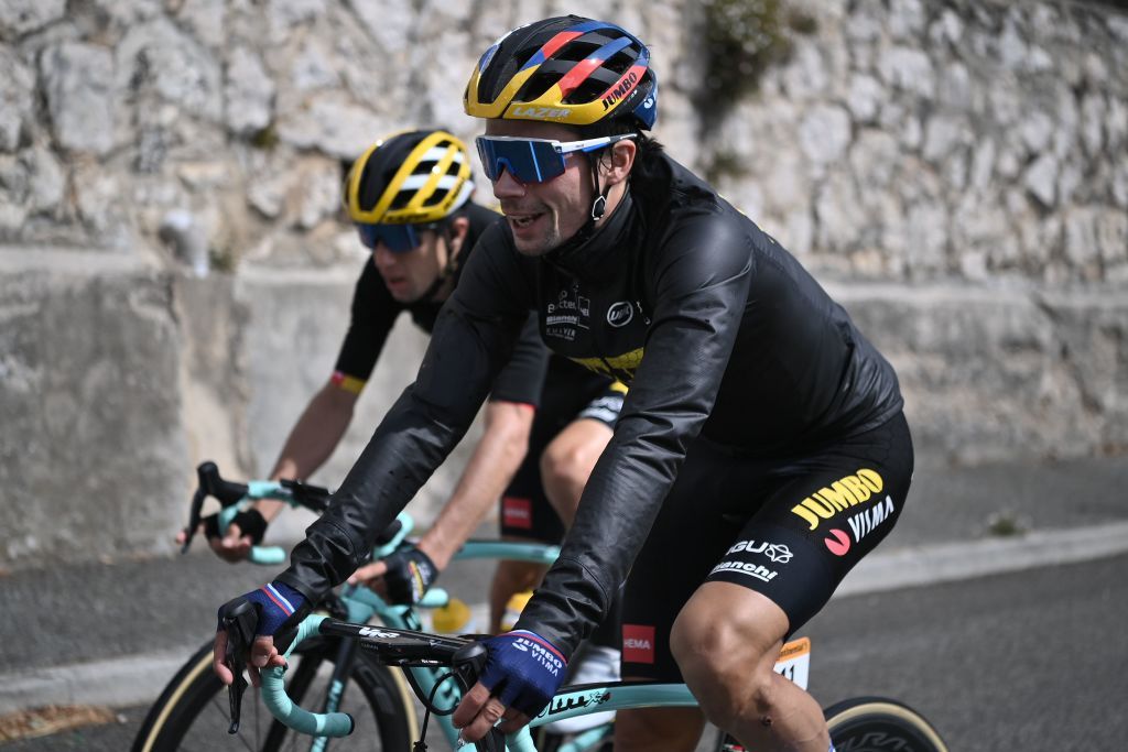 Team Jumbo rider Slovenias Primoz Roglic R rides during the 3rd stage of the 107th edition of the Tour de France cycling race 198 km between Nice and Sisteron on August 31 2020 Photo by Marco BERTORELLO AFP Photo by MARCO BERTORELLOAFP via Getty Images