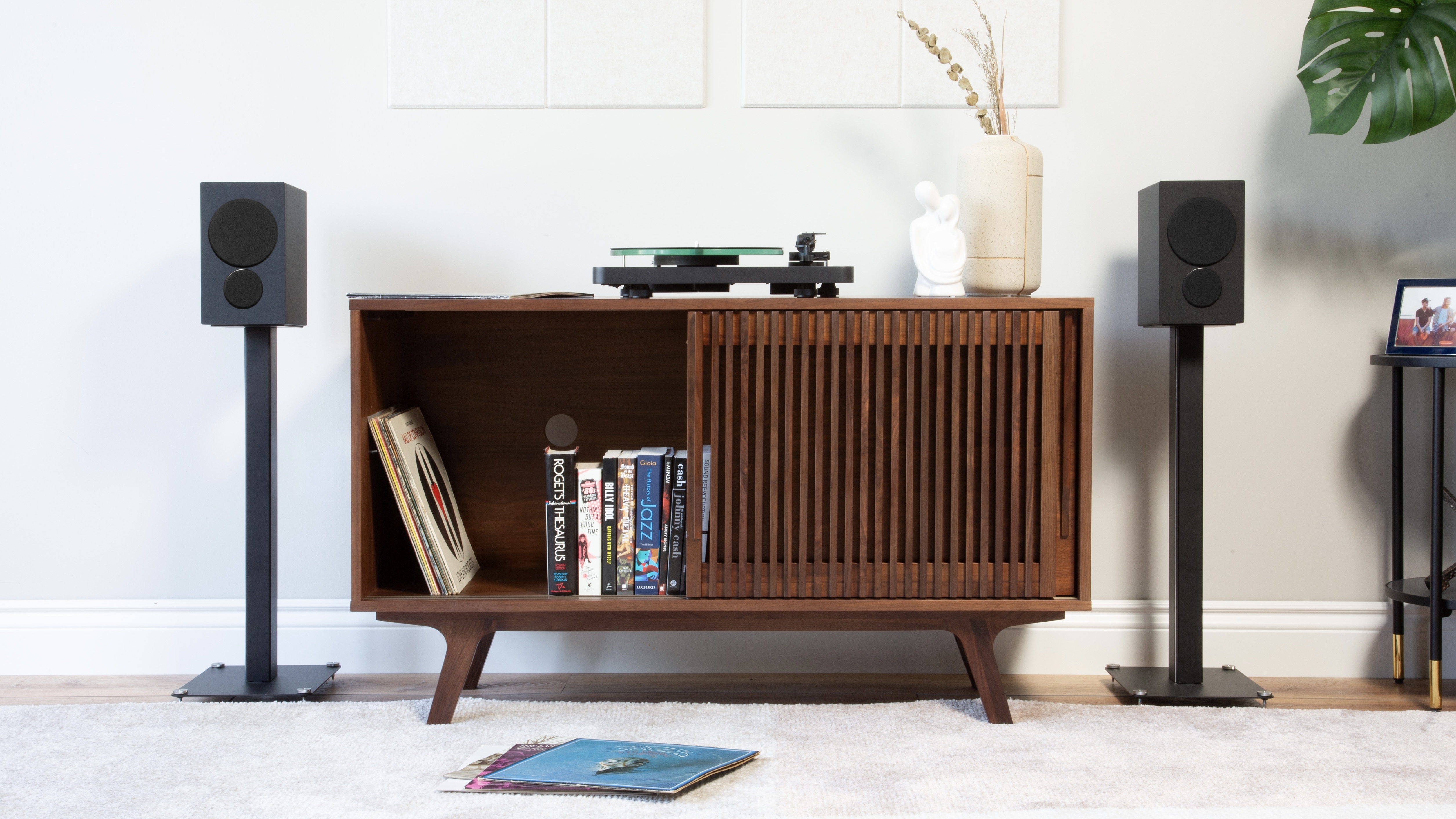 PSB iQ1 Black on stands with turntable on credenza - with grilles