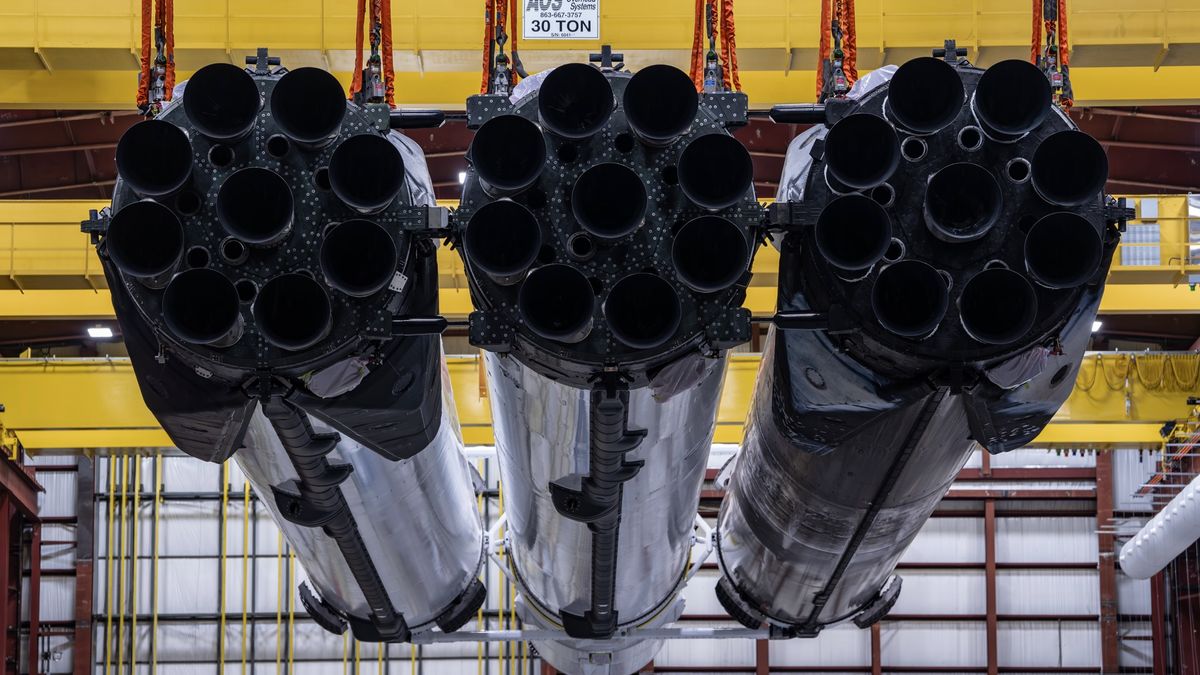 The three first-stage boosters of the Falcon Heavy rocket that will launch NASA's Nancy Grace Roman Space Telescope on Aug. 30, 2026. SpaceX shared this photo via X on Aug. 26.