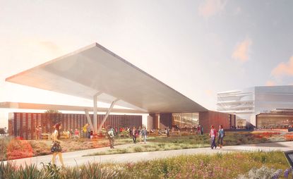 mage of a building design with brick walls, large glass openings and a long white covered walkway