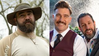 From left to right: Jason Kelce in Kelce and Travis Kelce sitting next to Adam Sandler while smiling for a photo in Happy Gilmore 2.