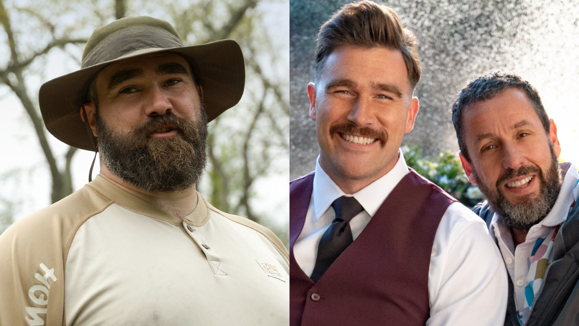From left to right: Jason Kelce in Kelce and Travis Kelce sitting next to Adam Sandler while smiling for a photo in Happy Gilmore 2.