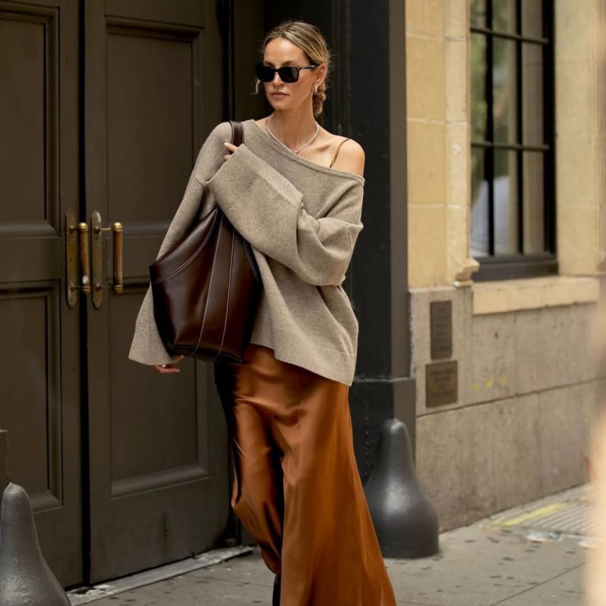 anouk yve wears a cashmere jumper and silk skirt