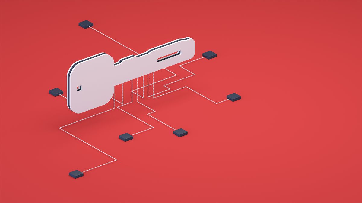 Concept image of a digital key symbolizing the Microsoft &#039;skeleton key&#039; LLM jailbreaking technique, with a key symbol pictured on a red background with data points protruding.