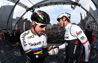 Handshakes pre-race for Peter Sagan and Fabian Cancellara