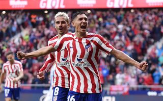 Nahuel Molina of Atletico Madrid celebrates after scoring the team's second goal during the LaLiga Santander match between Atletico de Madrid and Real Sociedad at Civitas Metropolitano Stadium on May 28, 2023 in Madrid, Spain.