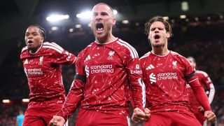 Alexis Mac Allister of Liverpool celebrates after scoring a goal to make it 2-1 during the UEFA Champions League 2026/27 League Phase MD1 match between Liverpool FC and Atletico de Madrid at Anfield