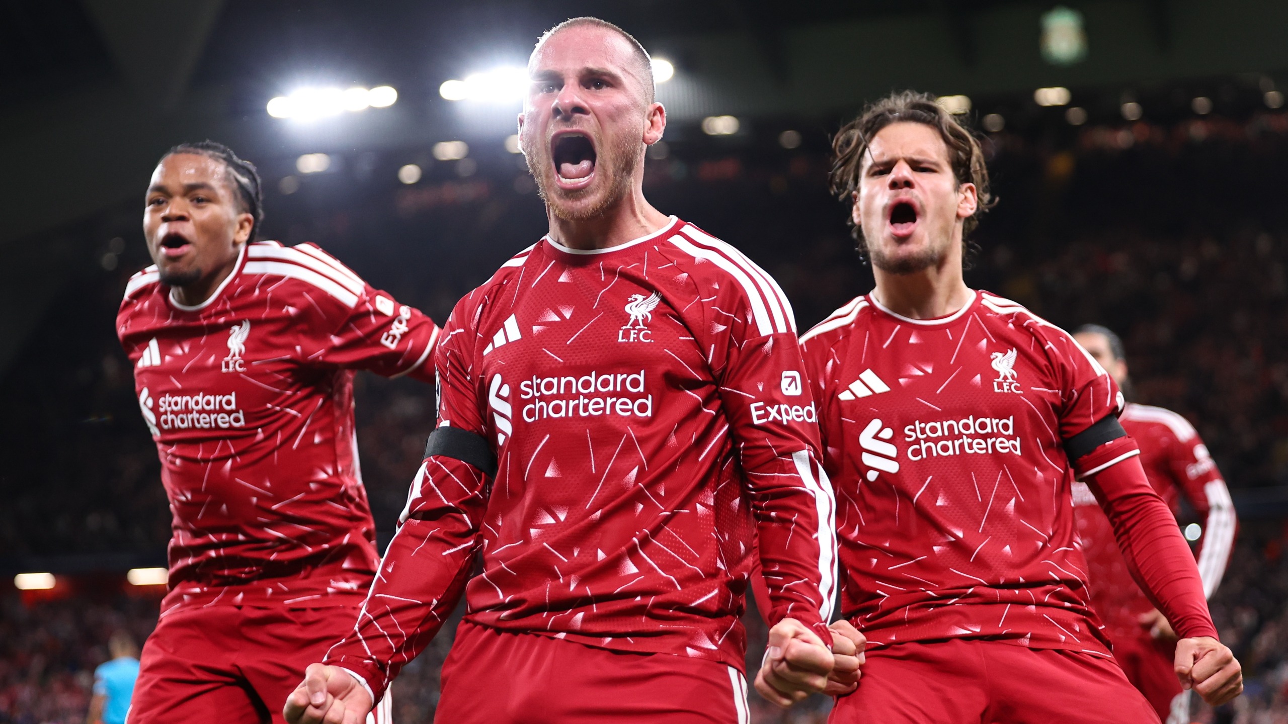 Alexis Mac Allister of Liverpool celebrates after scoring a goal to make it 2-1 during the UEFA Champions League 2026/27 League Phase MD1 match between Liverpool FC and Atletico de Madrid at Anfield