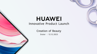 Text reading: "Huawei Innovative Product Launch, Creation of Beauty, Dubai, 12.12.2023